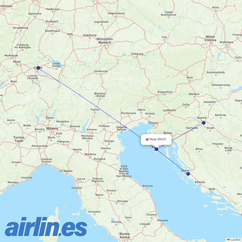 Croatia Airlines from Pula destination map