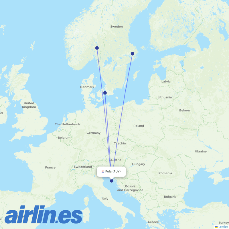 Scandinavian Airlines from Pula destination map