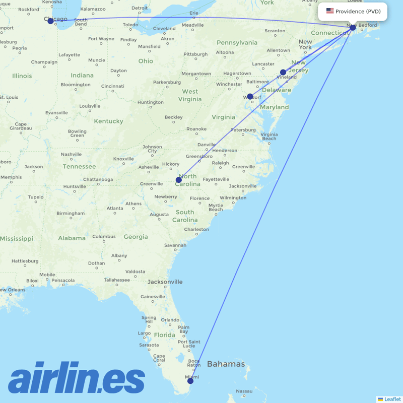 American Airlines from Theodore Francis Green State destination map