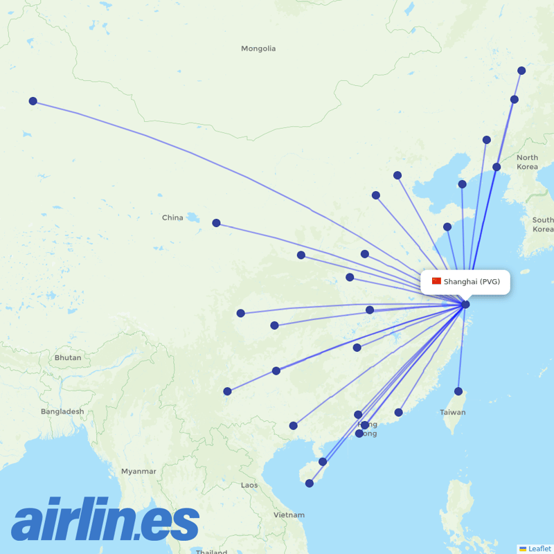 China Southern Airlines from Shanghai Pudong International Airport destination map