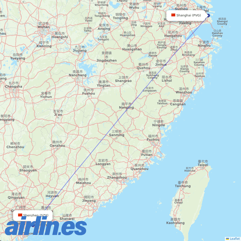 Donghai Airlines from Shanghai Pudong International Airport destination map