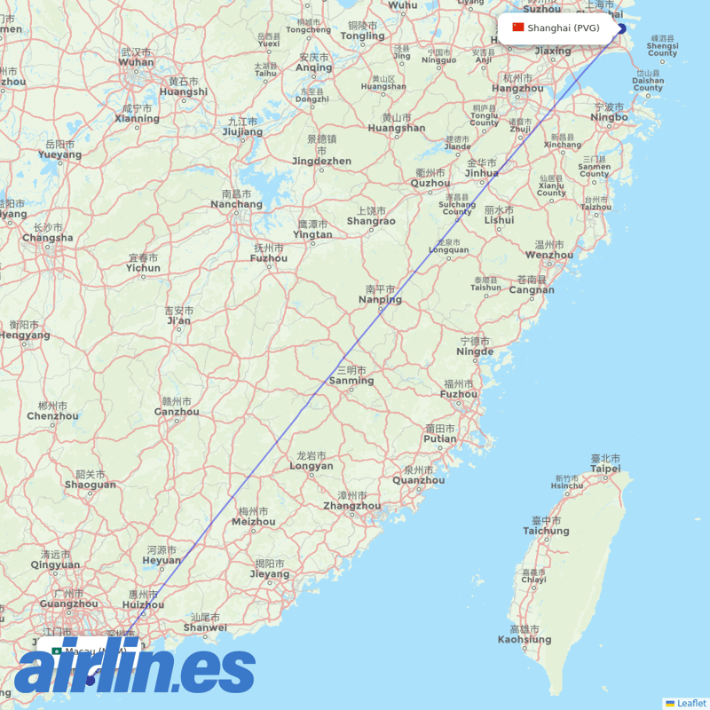 Air Macau from Shanghai Pudong International Airport destination map
