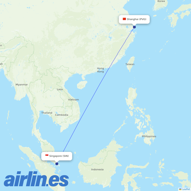 Singapore Airlines from Shanghai Pudong International Airport destination map