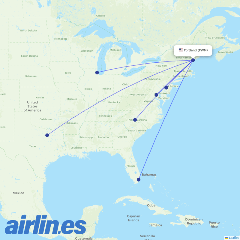 American Airlines from Portland International Jetport destination map