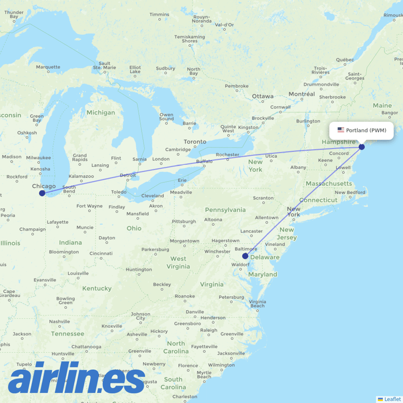 Southwest Airlines from Portland International Jetport destination map