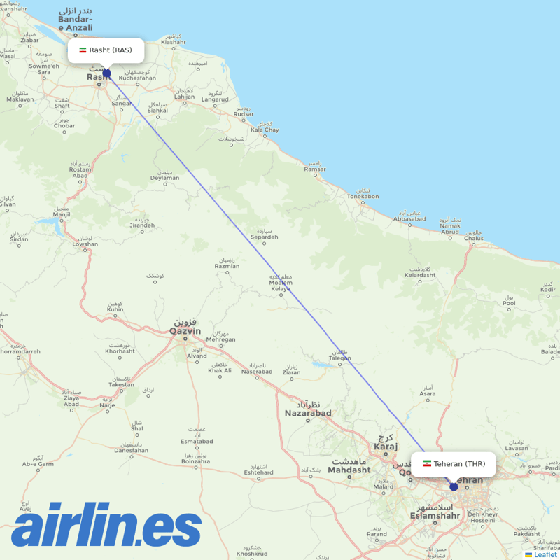 Qeshm Air from Rasht destination map