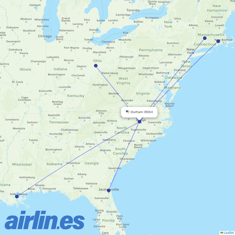 Breeze Airways from Raleigh–Durham Airport destination map