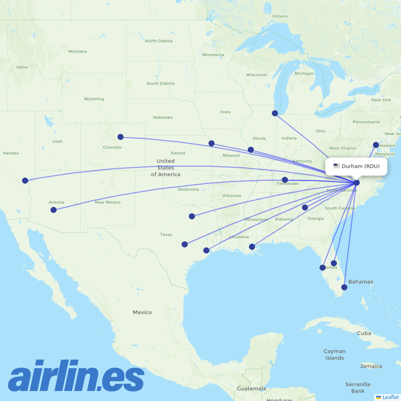 Southwest Airlines from Raleigh–Durham Airport destination map