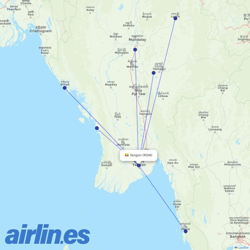 Mann Yadanarpon Airlines from Yangon International destination map