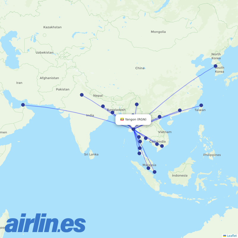 Myanmar Airways International from Yangon International destination map