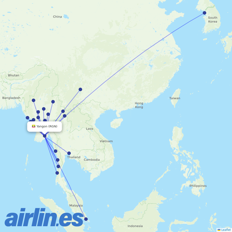 Myanmar National Airlines from Yangon International destination map