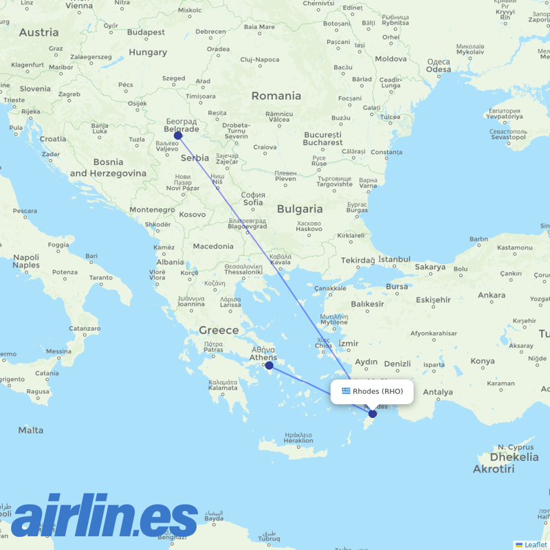 Aegean Airlines from Rhodes International Airport destination map