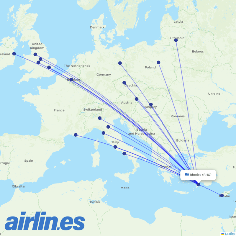 Ryanair from Rhodes International Airport destination map