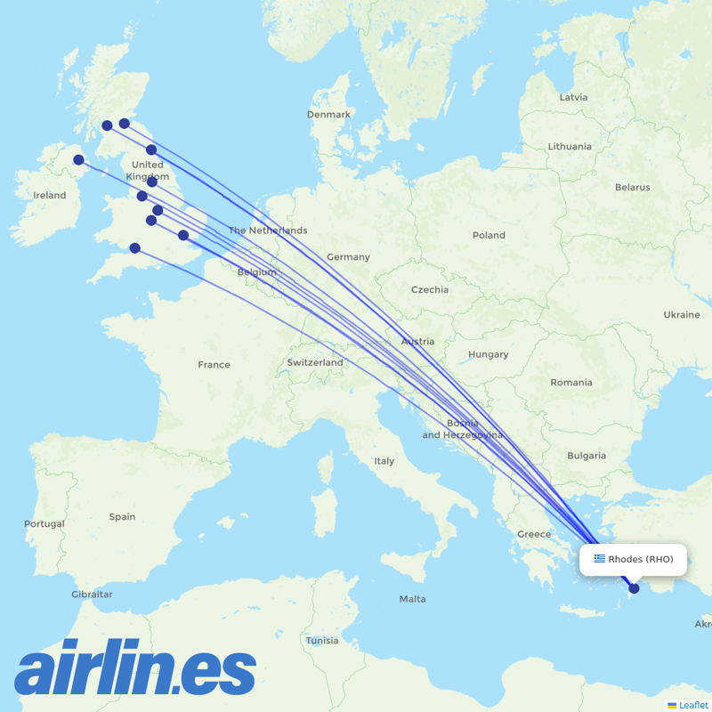 Jet2 from Rhodes International Airport destination map