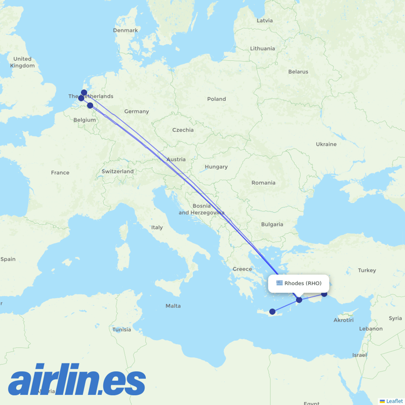 TUIfly Netherlands from Rhodes International Airport destination map