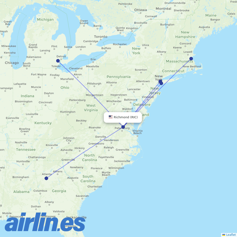 Delta Air Lines from Richmond International destination map