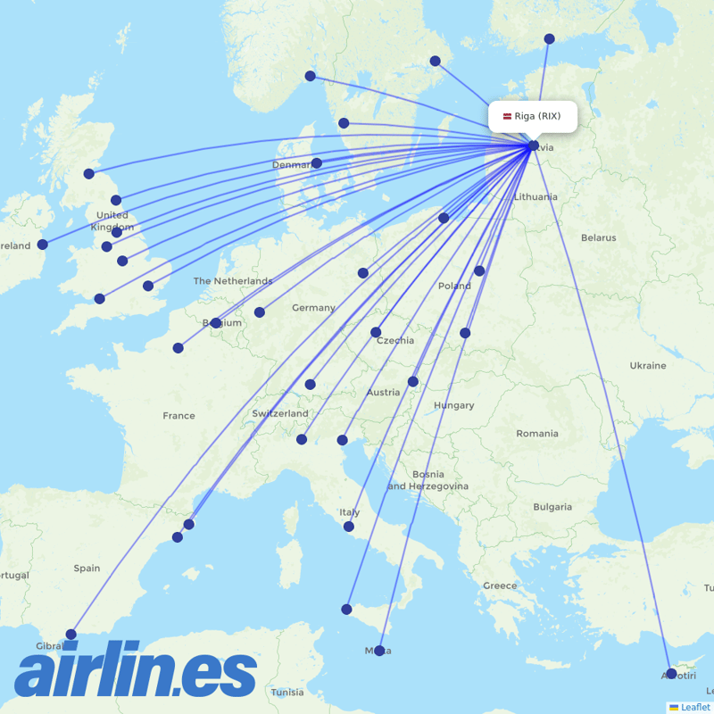 Ryanair from Riga International Airport destination map