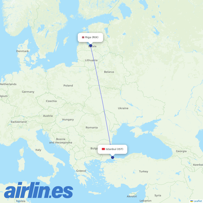Turkish Airlines from Riga International Airport destination map