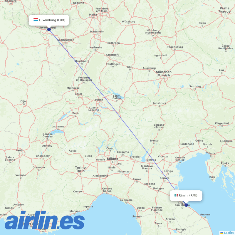 Luxair from Rimini destination map