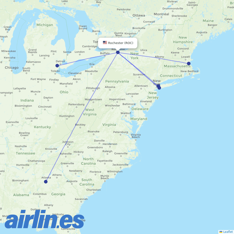 Delta Air Lines from Greater Rochester International destination map
