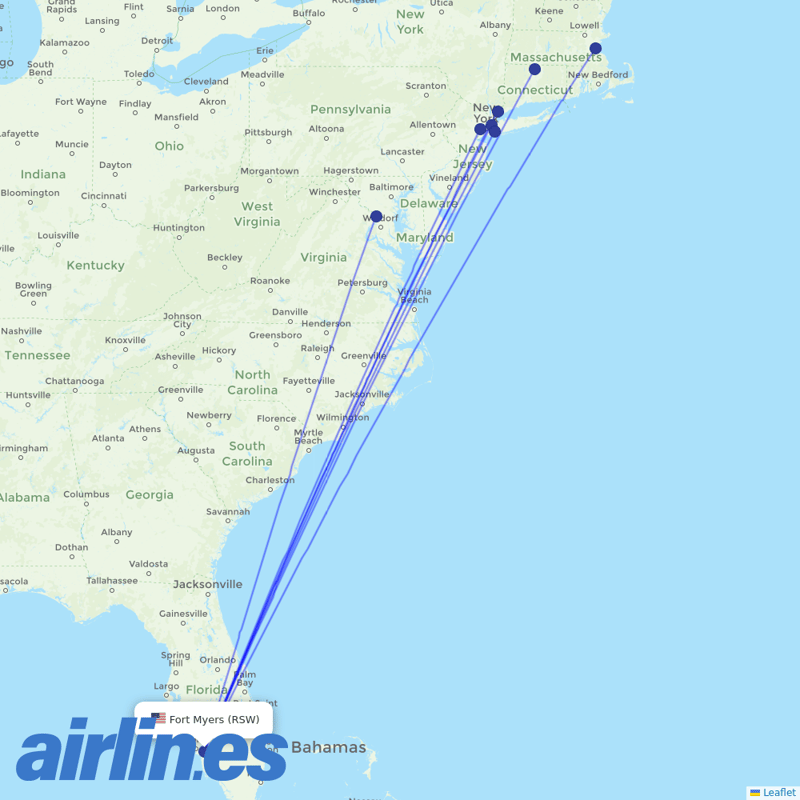 JetBlue Airways from Southwest Florida International Airport destination map