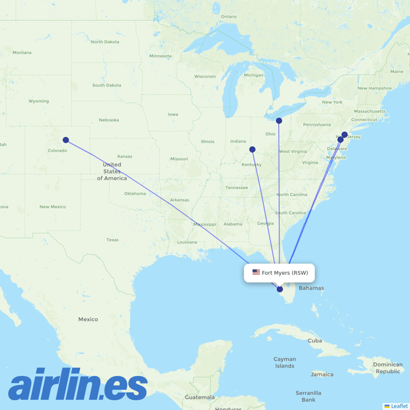 Frontier Airlines from Southwest Florida International Airport destination map