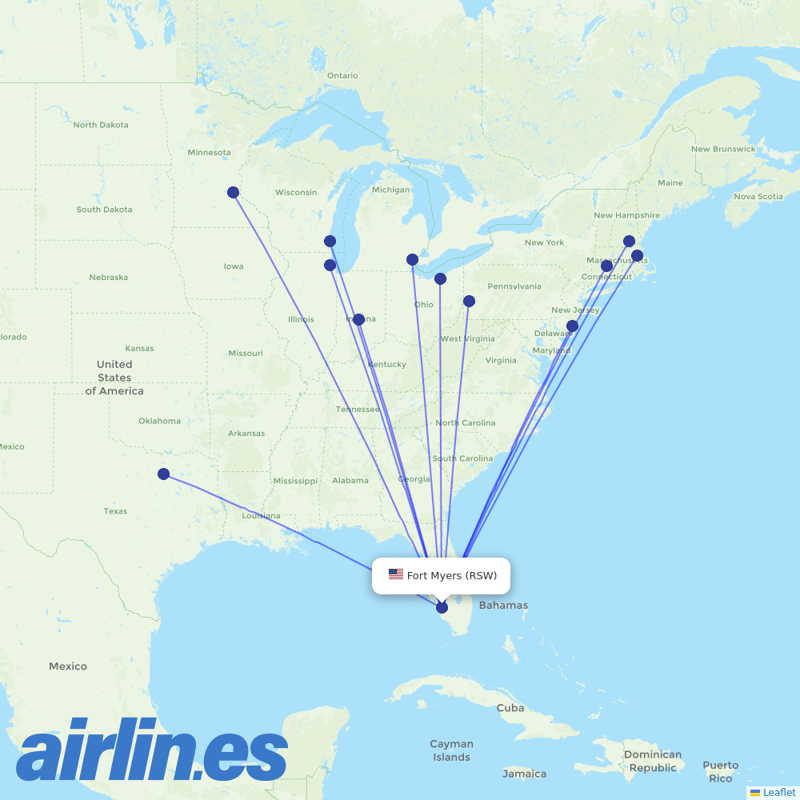 Spirit Airlines from Southwest Florida International Airport destination map