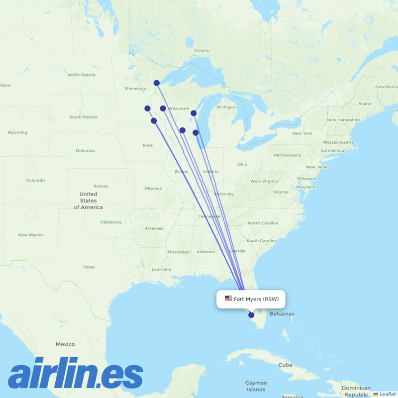 Sun Country Airlines from Southwest Florida International Airport destination map