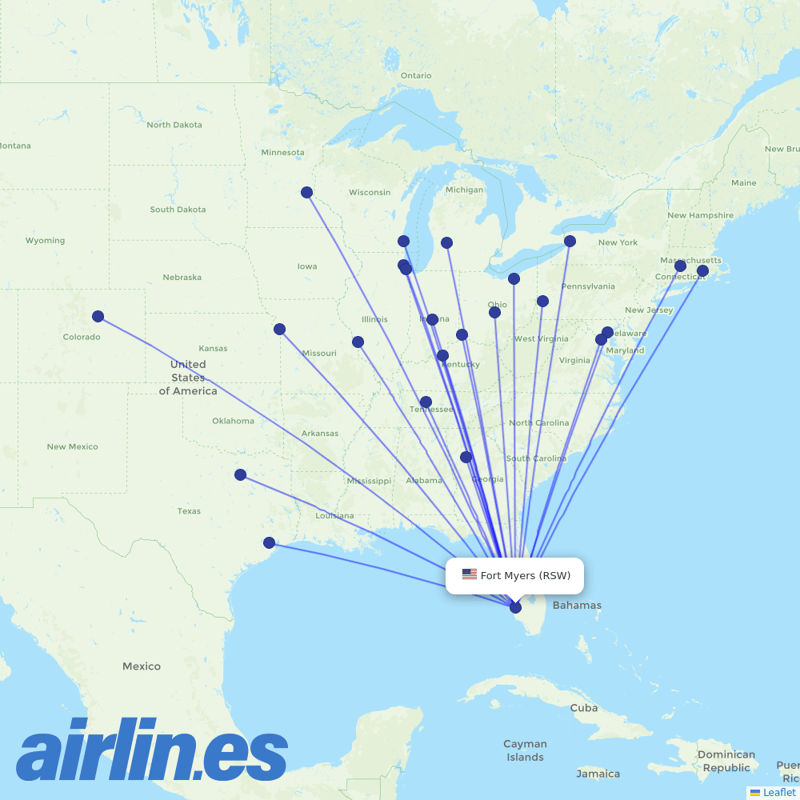 Southwest Airlines from Southwest Florida International Airport destination map