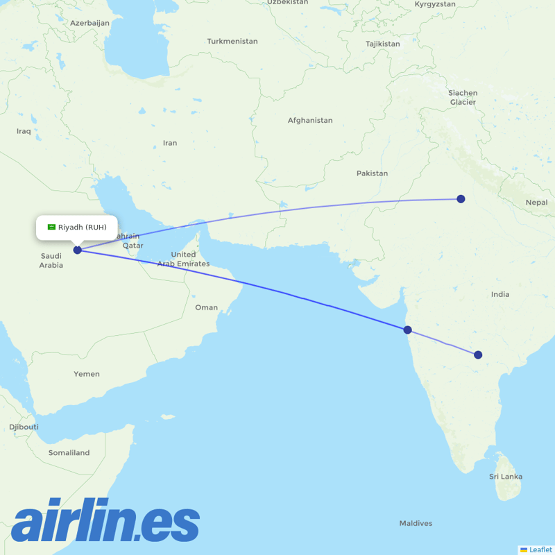 Air India from King Khaled International destination map