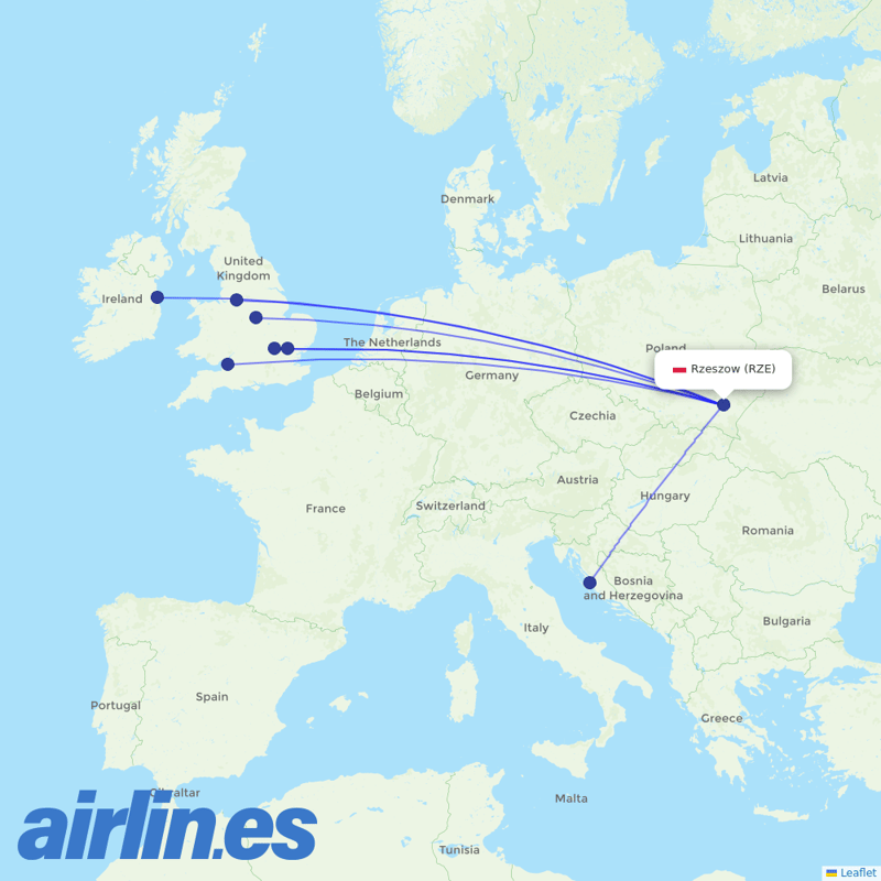 Ryanair from Jasionka destination map