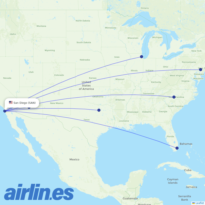 American Airlines from San Diego International Airport destination map