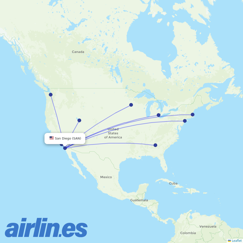 Delta Air Lines from San Diego International Airport destination map
