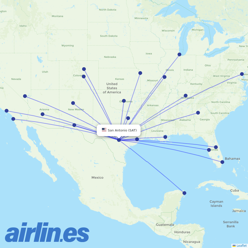 Southwest Airlines from San Antonio International destination map