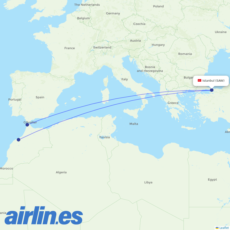 Air Arabia Maroc from Istanbul Sabiha Gökçen International Airport destination map