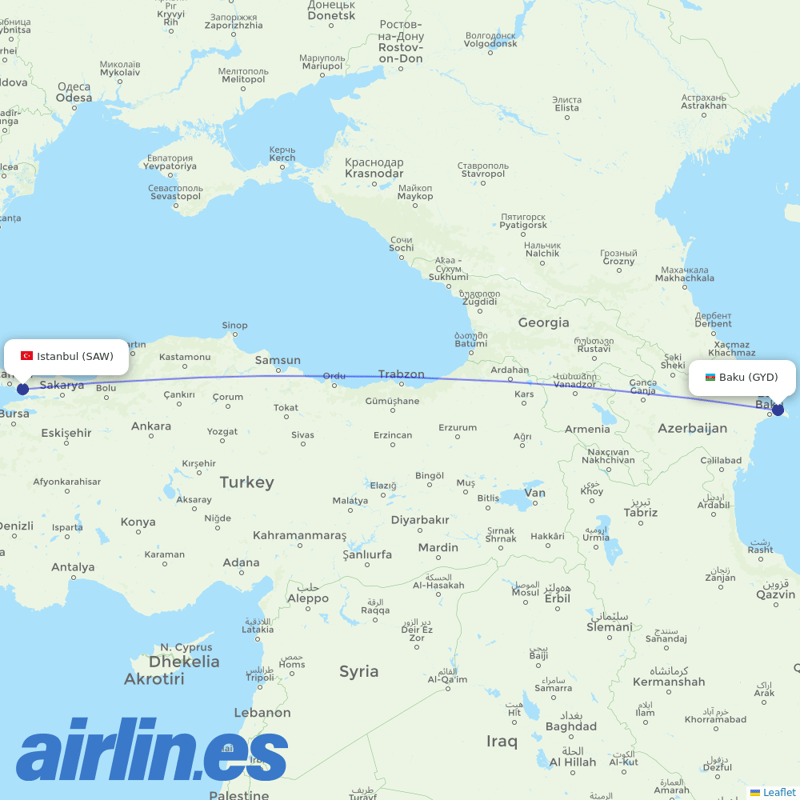AZAL Azerbaijan Airlines from Istanbul Sabiha Gökçen International Airport destination map
