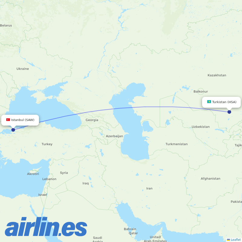 Air Astana from Istanbul Sabiha Gökçen International Airport destination map