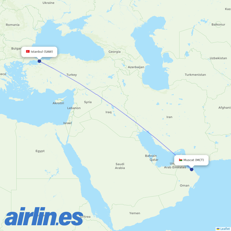Salam Air from Istanbul Sabiha Gökçen International Airport destination map