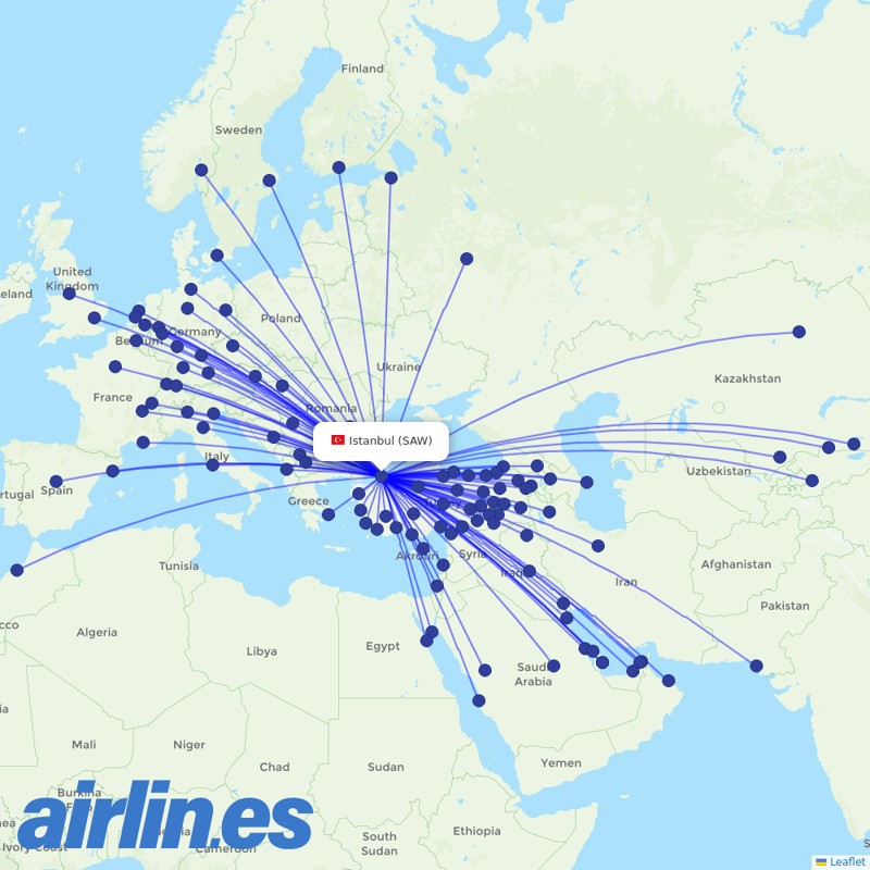 Pegasus from Istanbul Sabiha Gökçen International Airport destination map