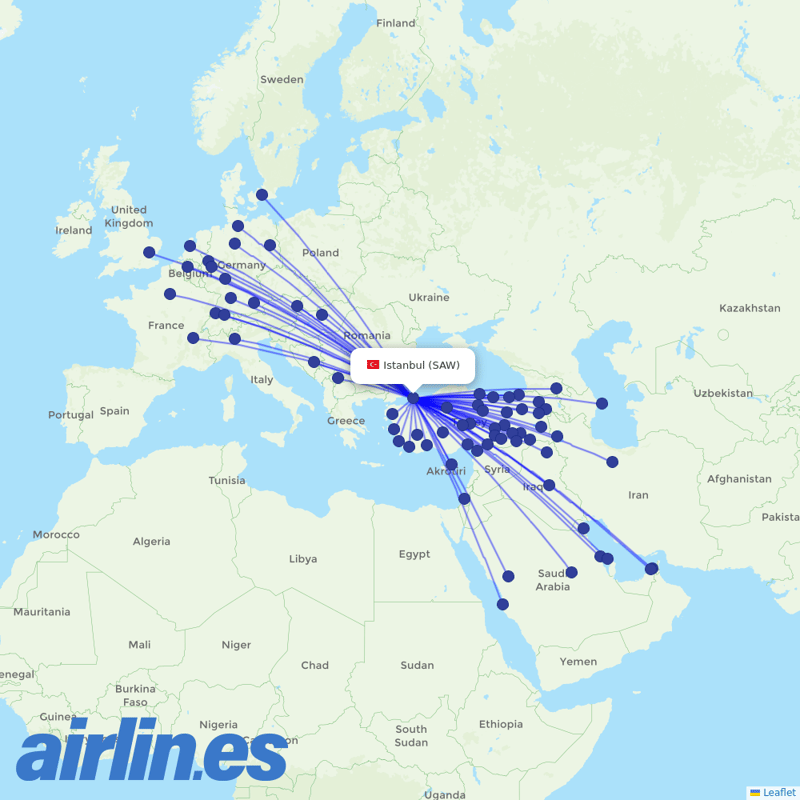 Turkish Airlines from Istanbul Sabiha Gökçen International Airport destination map