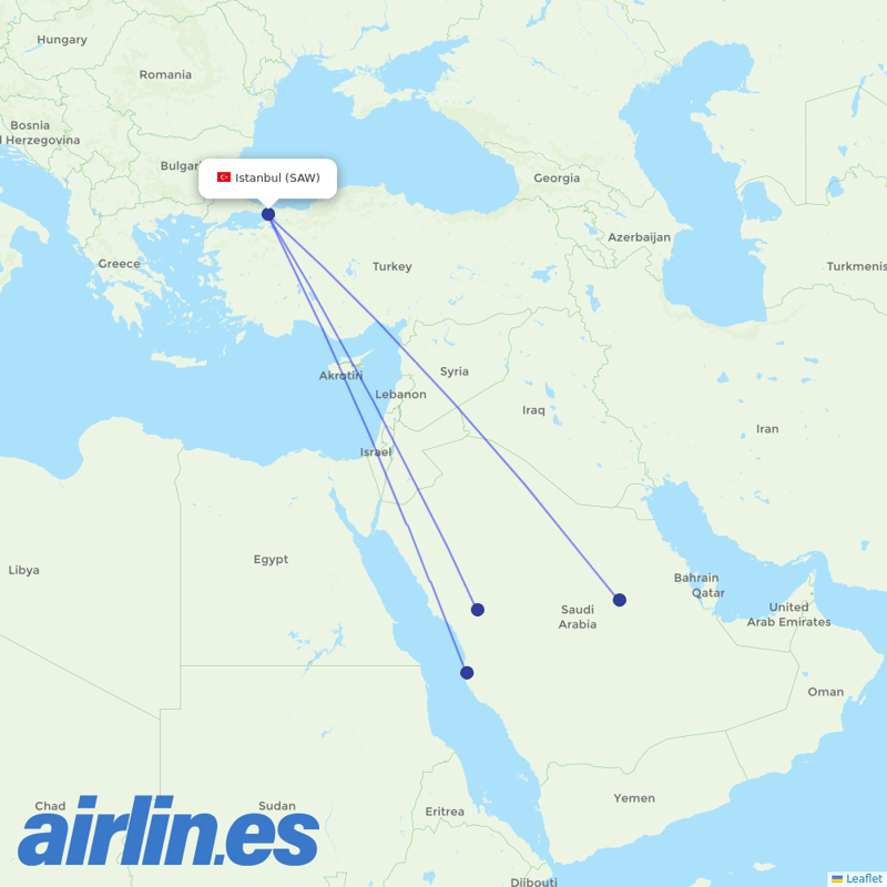 Flynas from Istanbul Sabiha Gökçen International Airport destination map