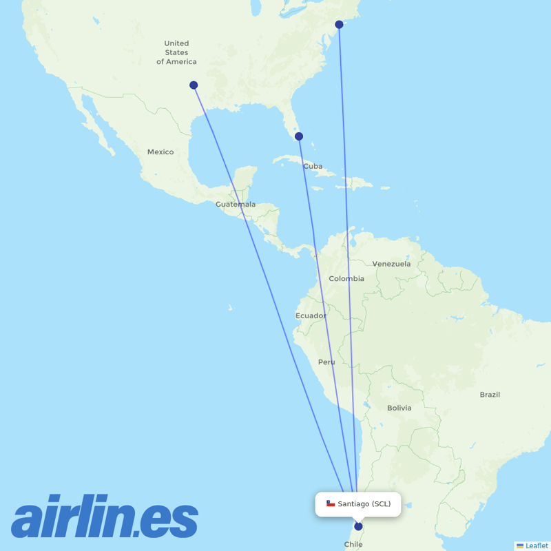 American Airlines from Arturo Merino Benítez International Airport destination map