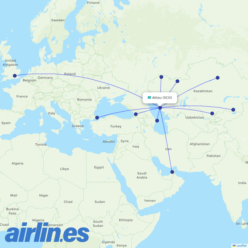 Air Astana from Aktau destination map