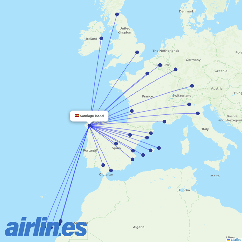 Ryanair from Santiago destination map