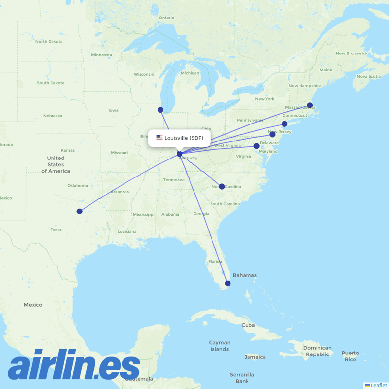 American Airlines from Louisville International Airport destination map
