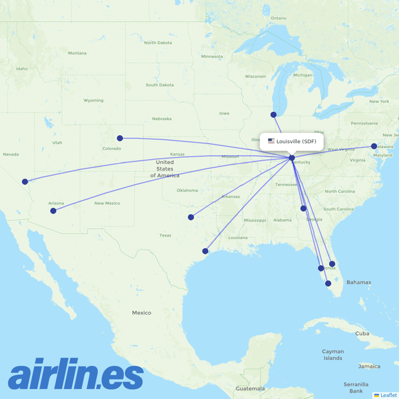 Southwest Airlines from Louisville International Airport destination map