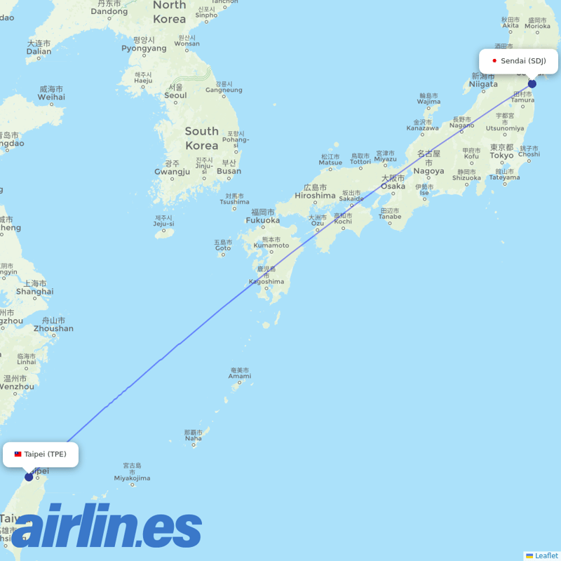 EVA Air from Sendai Airport destination map