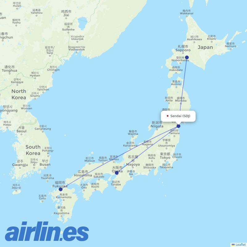 JAL from Sendai Airport destination map