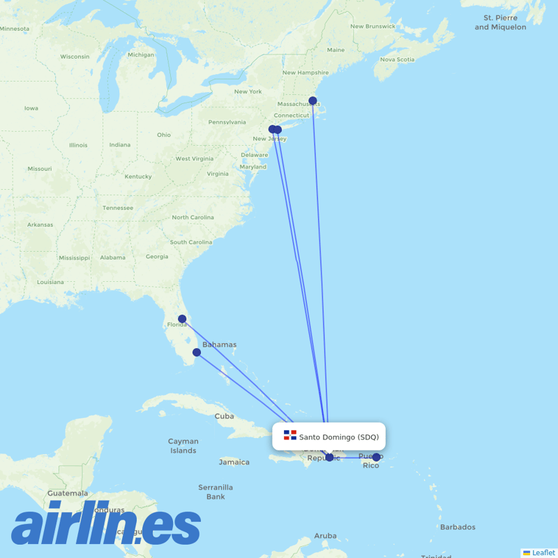 JetBlue Airways from Las Americas International destination map
