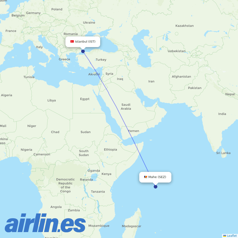 Turkish Airlines from Seychelles International destination map